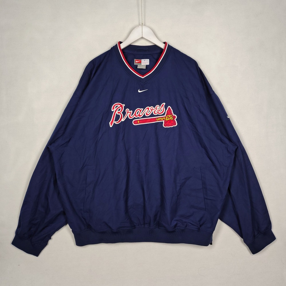 Nike Atlanta Braves MLB Windbreaker Pullover Navy Blue V-Neck XXL Embroidered